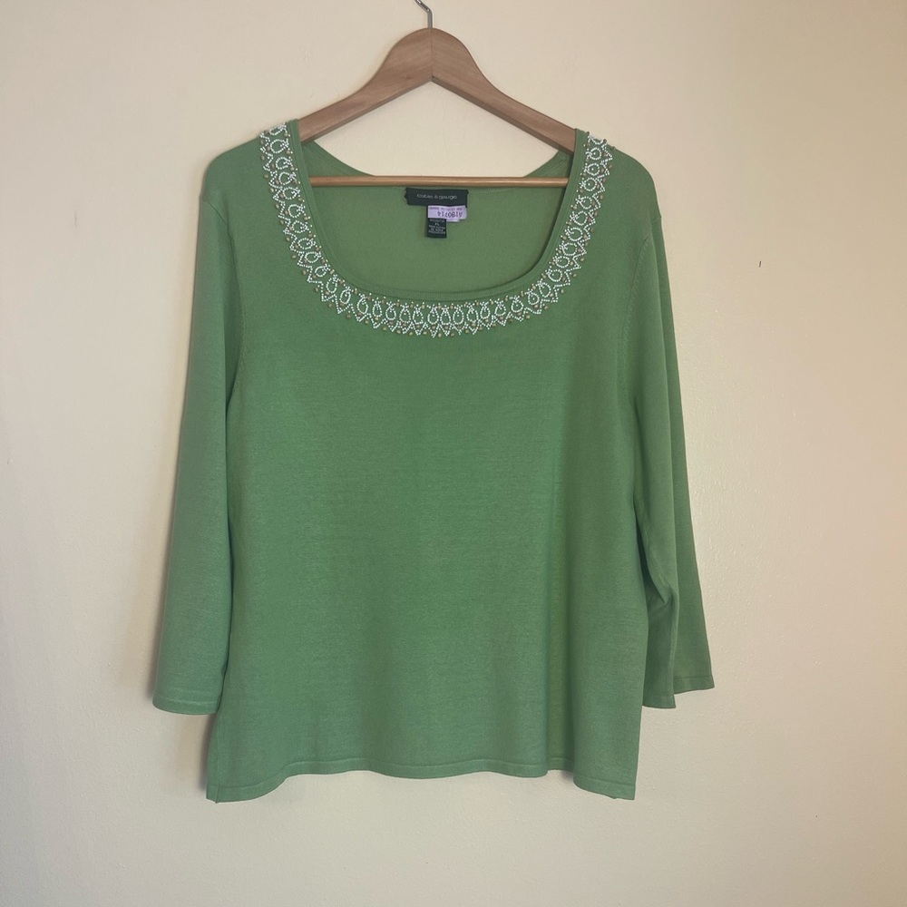 Silk Blend Beaded Knit Sweater XL Mint Green 3/4 Sleeve Quiet Luxury Coastal Top - Picture 5 of 11